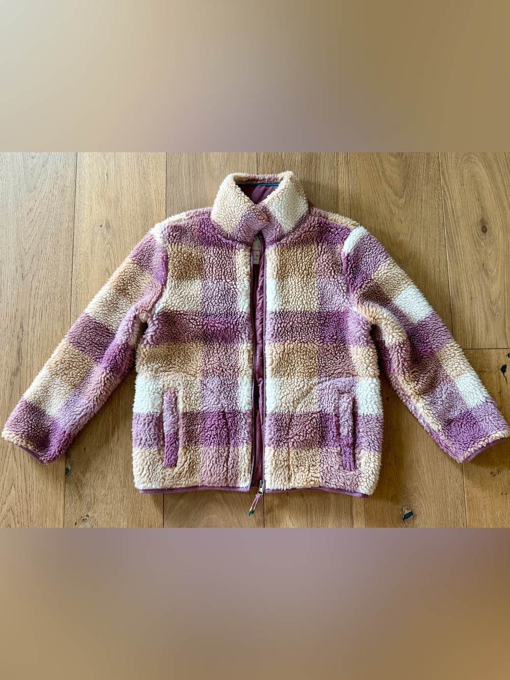 Fat Face Plush Check Sherpa Jacket in Purple and Cream